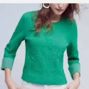 Anthropologie Moth Green Cotton Cropped Embossed Garden Sweatshirt Top Womens XS